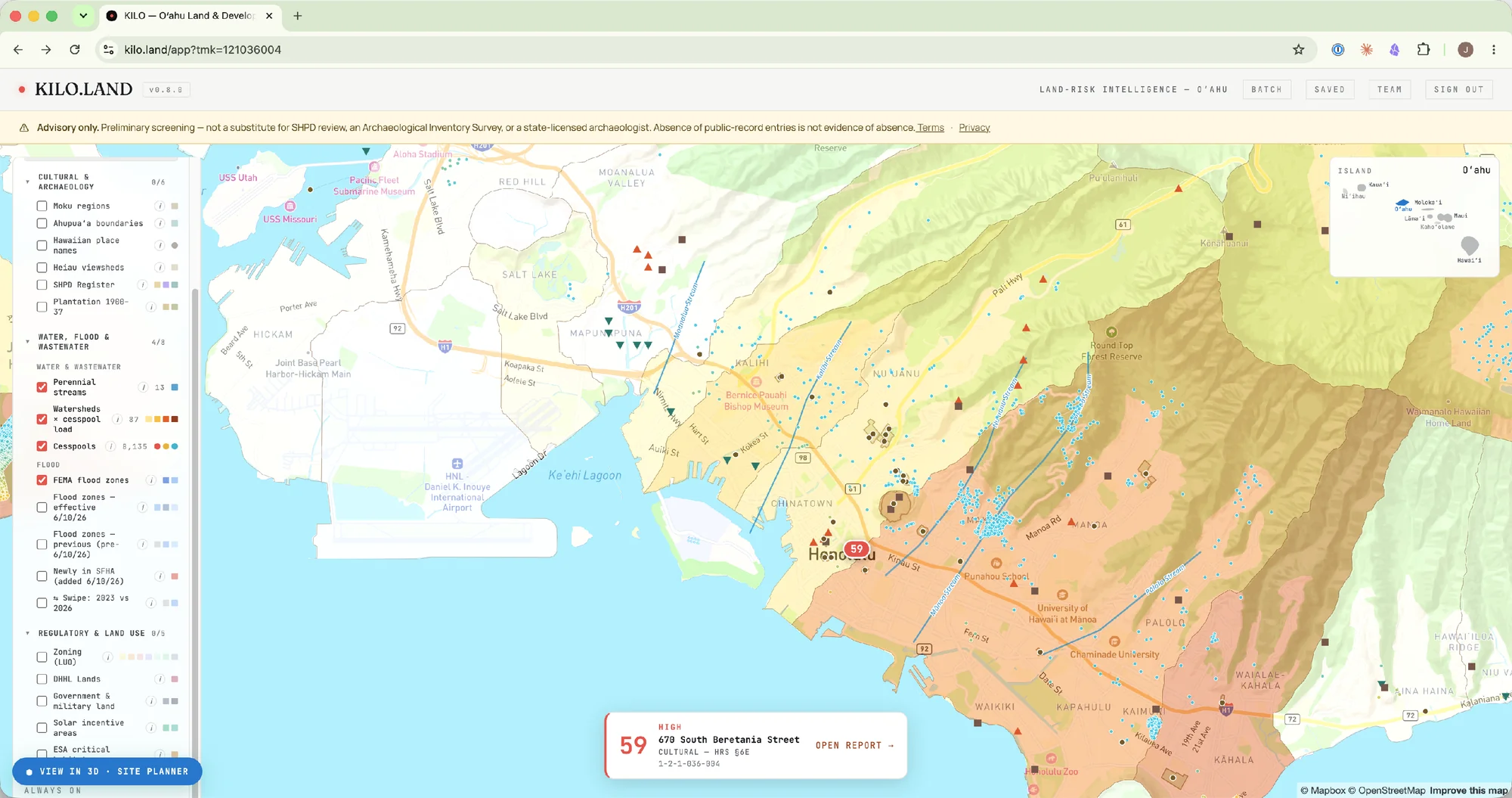 The KILO app: an Oʻahu map with cultural, water, flood, and regulatory data layers toggled in the side panel, site markers across the island, and a parcel scored 59 with an open-report link.